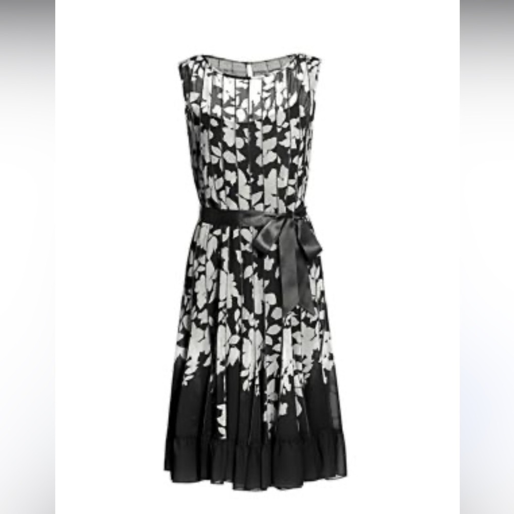 Teri Jon Black White Striped Floral Midi Dress Size 8 Sleeveless Ruffle‎ Hem